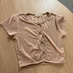 Paper + Tee Cropped Top Small Beige Tan Cut Outs Short Sleeve Ribbed Casual